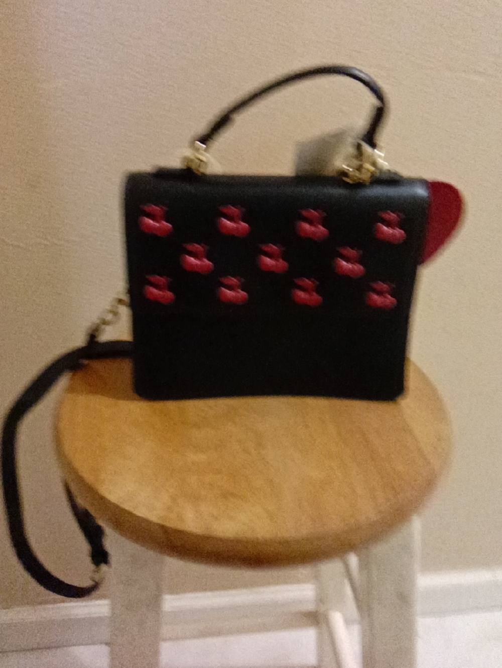 Black Satchel with Red Cherry Appliqués